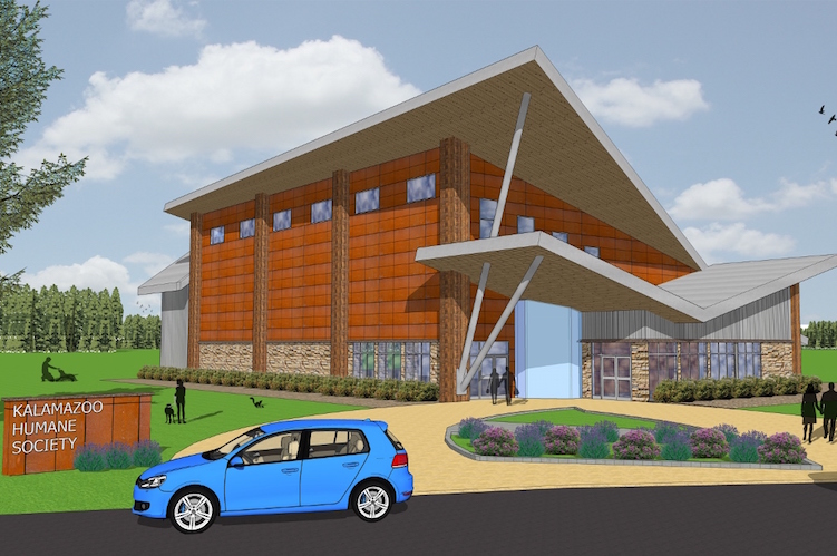 An architectural rendering of the new building