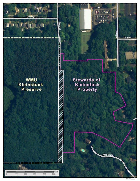 The 11.8 acre-property being purchased by the Stewards of Kleinstuck is outlined in pink, It lies to the east of the 48-acre Kleinstuck Preserve and south of the YMCA of Greater Kalamazoo (the white rectangle).