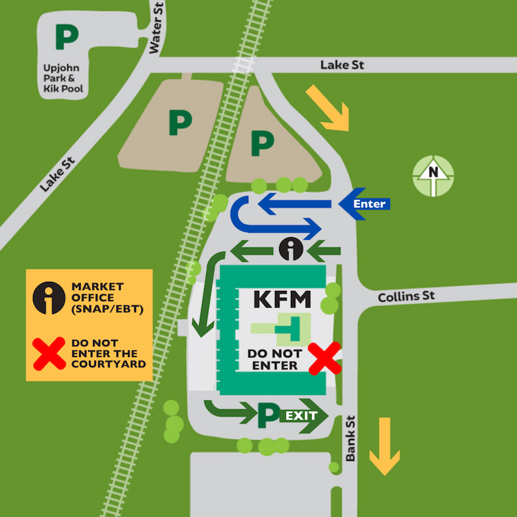 A map of the Kalamazoo Farmers Market with new traffic patterns.