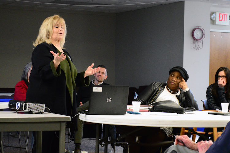 Kathy Roberts dicusses affordable housing in Kalamazoo. Photo by Mark Wedel