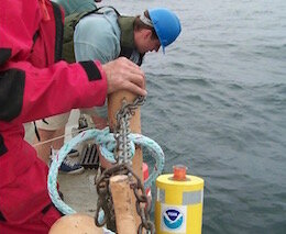 NOAA GLERL scientists deploy a thermistor chain for long-term temperature monitoring in southern Lake Michigan, 1999.  