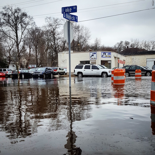 Water filled roadways during February's flood.