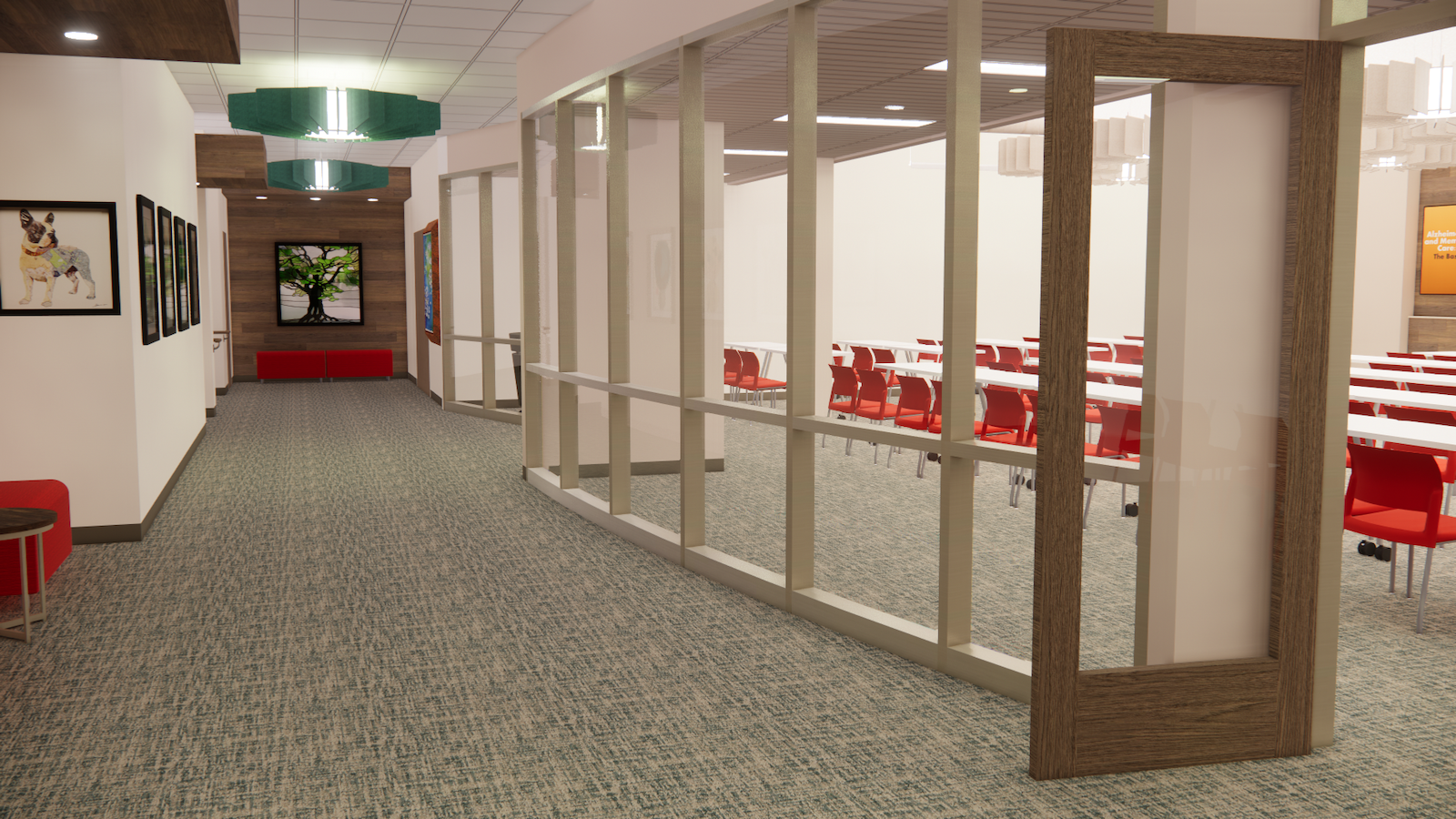 An artist's rendering of the auditorium and gallery of the Memory Care Learning Center at the Heritage Community. 