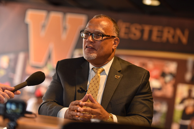 Dr. Edward B. Montgomery meets with the media on his first day at WMU. Photo by Mike Lanka