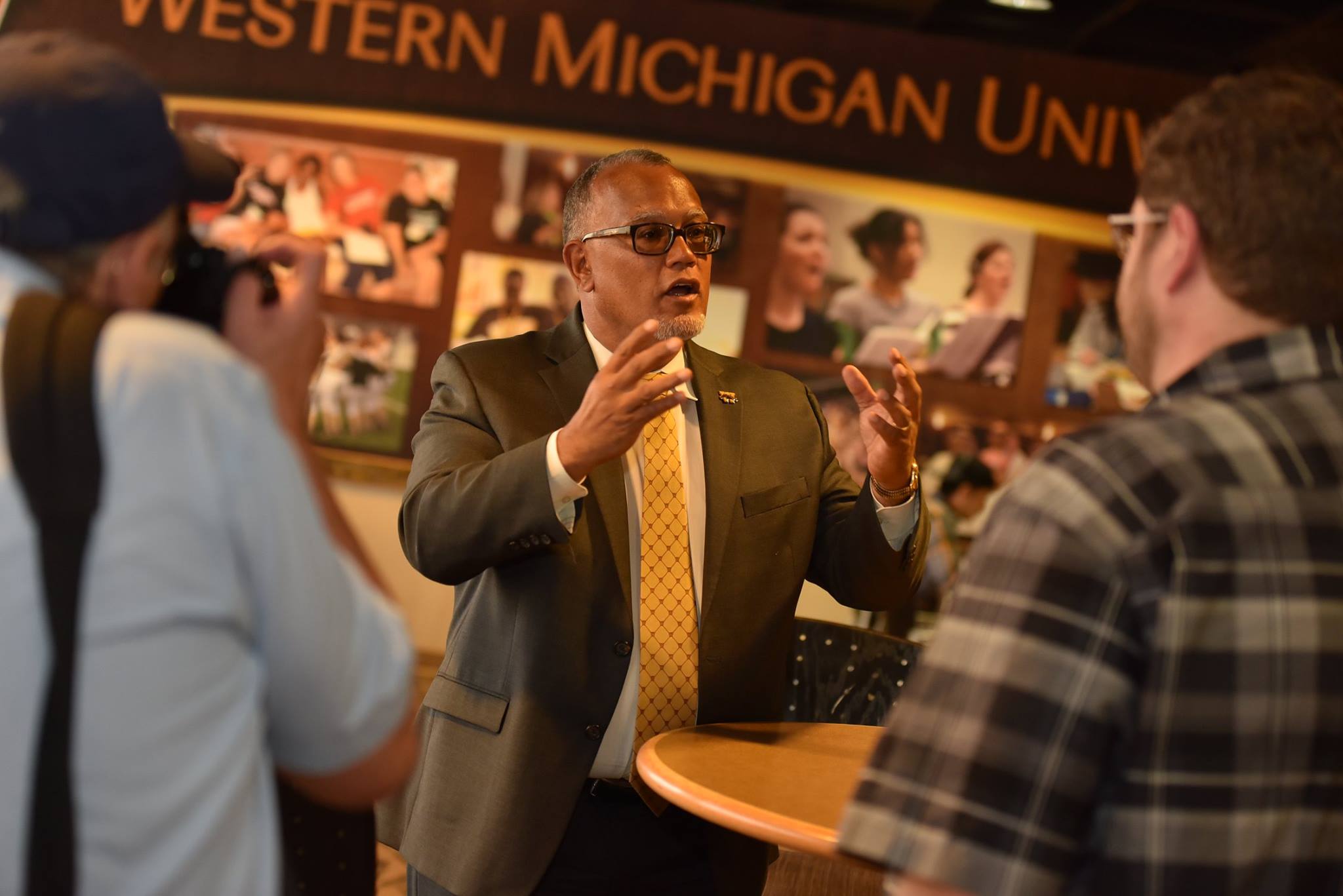 Dr. Edward Montgomery meets with students and the media in his first day on the job at WMU. Photo by Mike Lanka