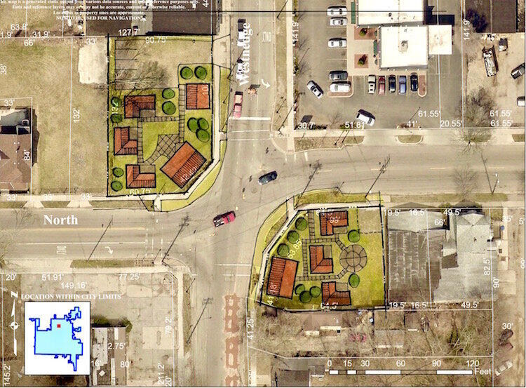 In this bird’s-eye-view rendering of the intersection of North Westnedge Avenue and North Street, the Tiny Houses of HOPE Project can be seen on the southeast corner of the intersection, towards the bottom right, of the image.  
