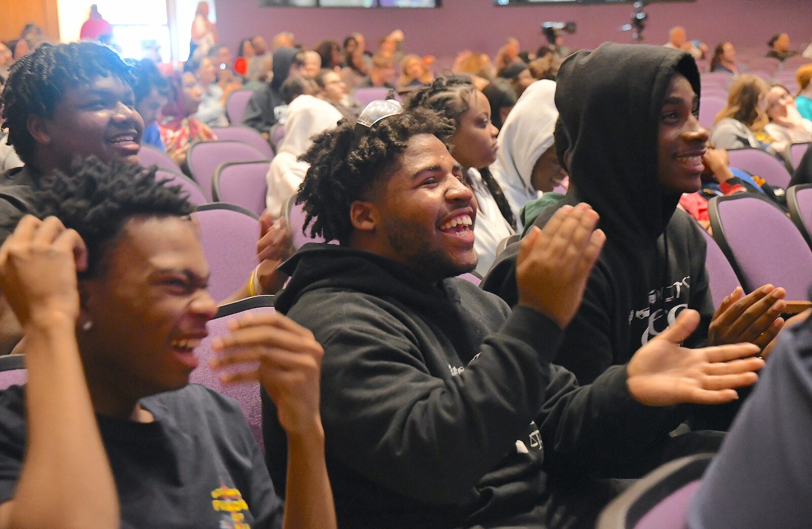 Battle Creek Central students applaud during college decision day and the announcement of the Bearcat Advantage at W.K. Kellogg Auditorium.