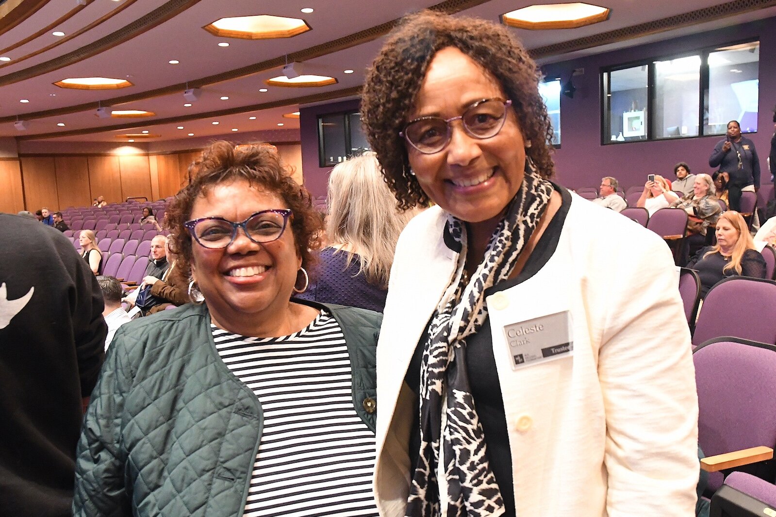 Cheryl Roberts, left, and Celeste Clark, former Kellogg Company employes attended college decision day and the announcement of the Bearcat Advantage at W.K. Kellogg Auditorium. Clark is a W.K. Kellogg Foundation Trustee.