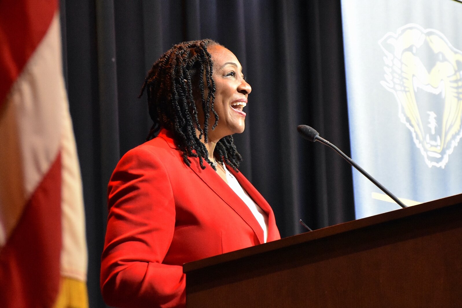 La June Montgomery Tabron, President and CEO of the W.K. Kellogg Foundation, speaks during the announcement of the Bearcat Advantage at W.K. Kellogg Auditorium.
