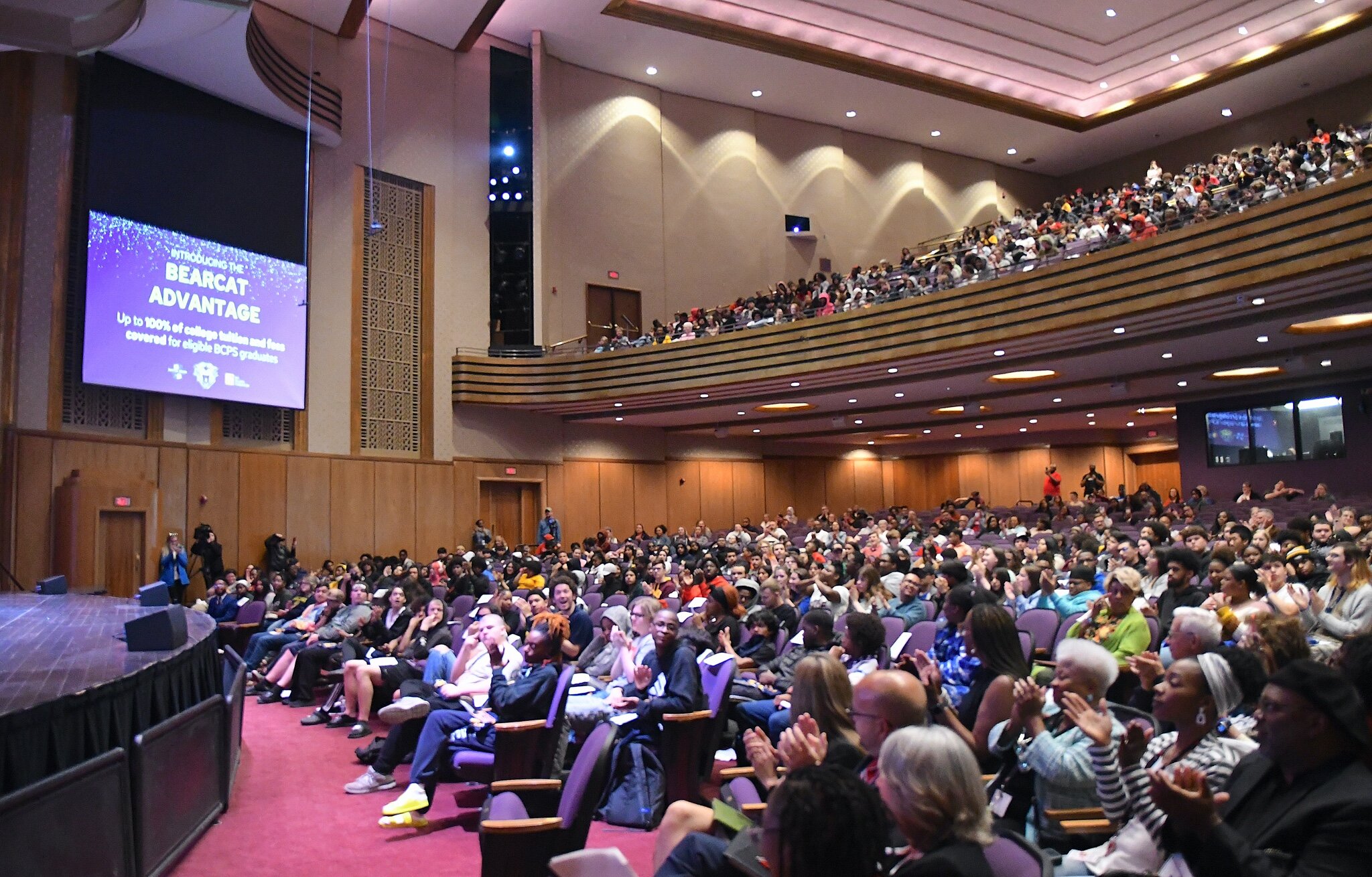 About 1,200-1,500 students, teachers, parents, administrators, board members, and others attended the announcement of the Bearcat Advantage at W.K. Kellogg Auditorium.