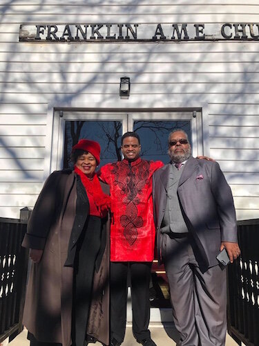The Rev. Millard Southern lll stands between his parents outside Franklin AME Church in Niles. At left is his mother Cleavella Southern, and it right as his father. the Rev. Millard Southern Jr.
