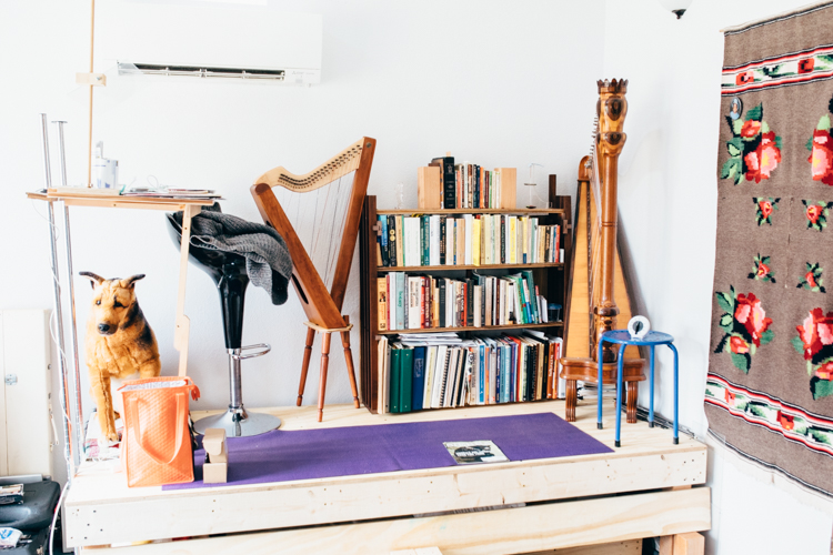Above his trundle bed, a small loft supports Ben Brown's standing desk, bookshelf, and two harps.