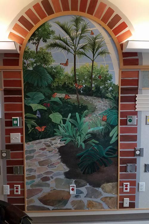 A mural in the hospital that welcomes chlldren donated by Crayons4Kids