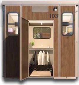 The exterior and an open door looking into  the type of modular housing pods that have been purchased.