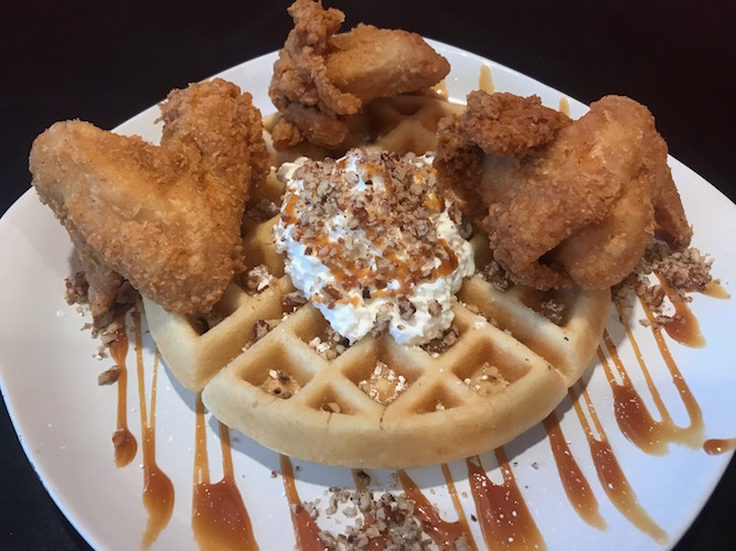 The Maple Pecan Waffle and Chicken is highlighted by its homemade caramel made with maple syrup.