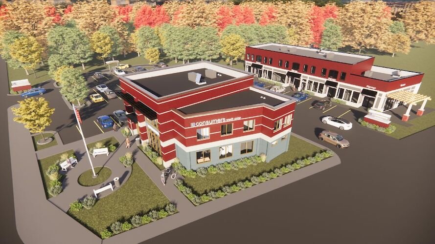 A retail and office center called Woods Lake Square is set to use the space that was home to Tangles hair salon, at left, and the Bacchus Wine & Spirits store (with red roof) at Oakland Drive and Parkview Avenue.