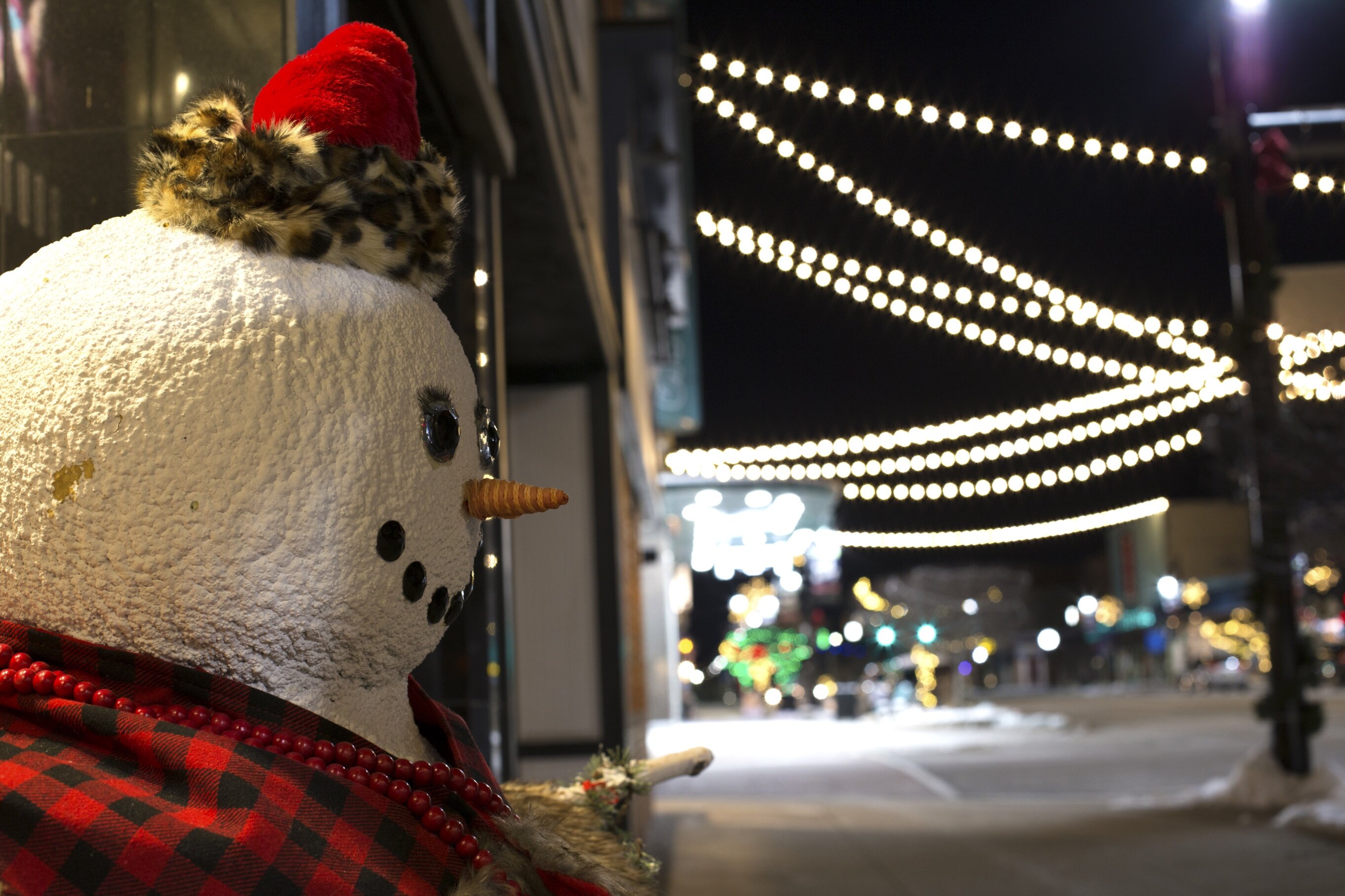 A snowperson casts a festive eye on downtown Port Huron.