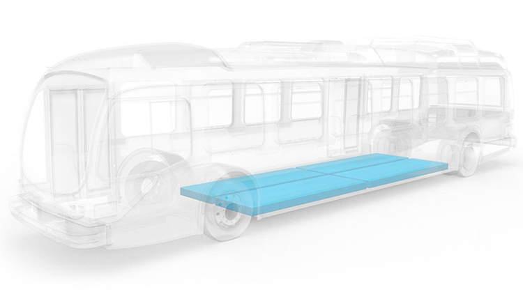 The batteries, which are made by Proterra, are located under the floor of the buses along the its center of gravity.