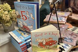 A display of Nancy Shaw's "Sheep in a Jeep" children's books at the Bear & The Hare in St. Clair.