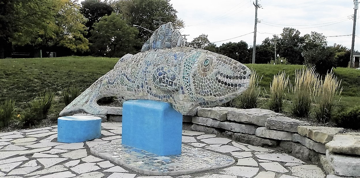 The community made individual tiles for this fish sculpture.