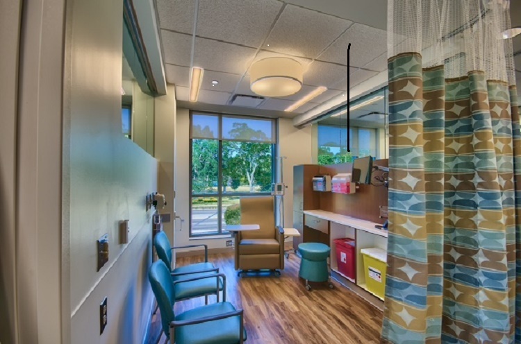 An infusion bay upstairs, where chemotherapy is administered to cancer patients, with a nice view of the St. Clair River.