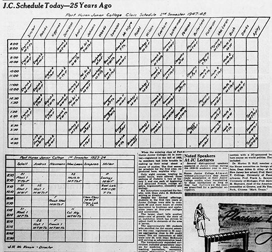 A class schedule for Port Huron Junior College, 1923-1924 (bottom left) and 1947-1948 (top).