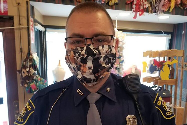 Trooper Matt Lamion wears one of Polka Dot Pandas' handsewn masks.
