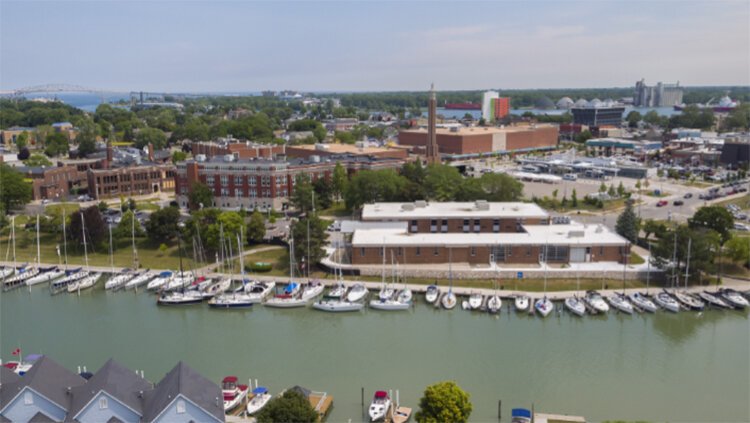 Campus view of St. Clair County Community College along the Black River in Port Huron, Michigan.