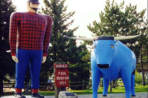 Statues of Paul Bunyan and Babe the Blue Ox in Bemidji, Minn.