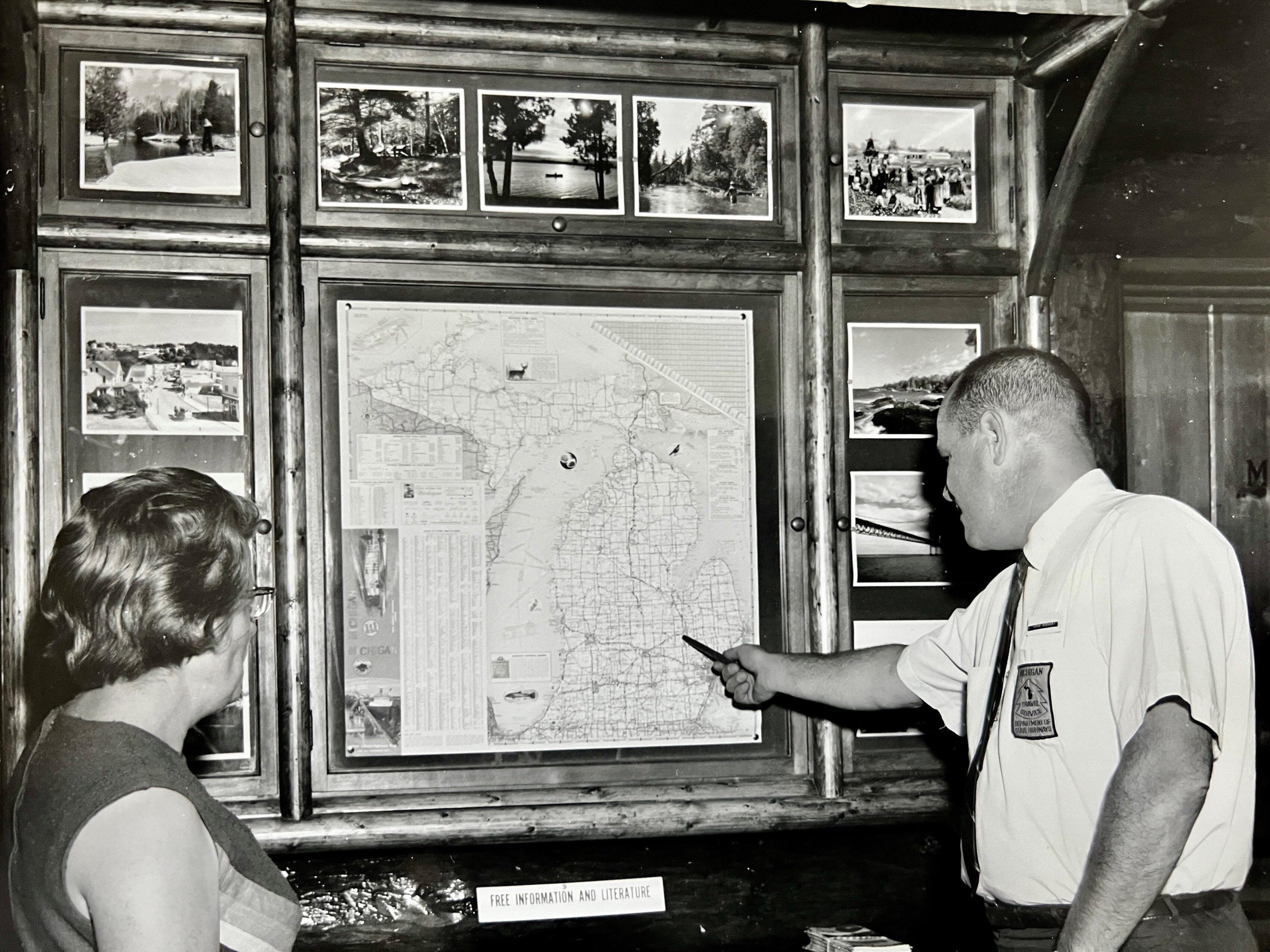 An old map of Michigan on display in the original welcome center building.