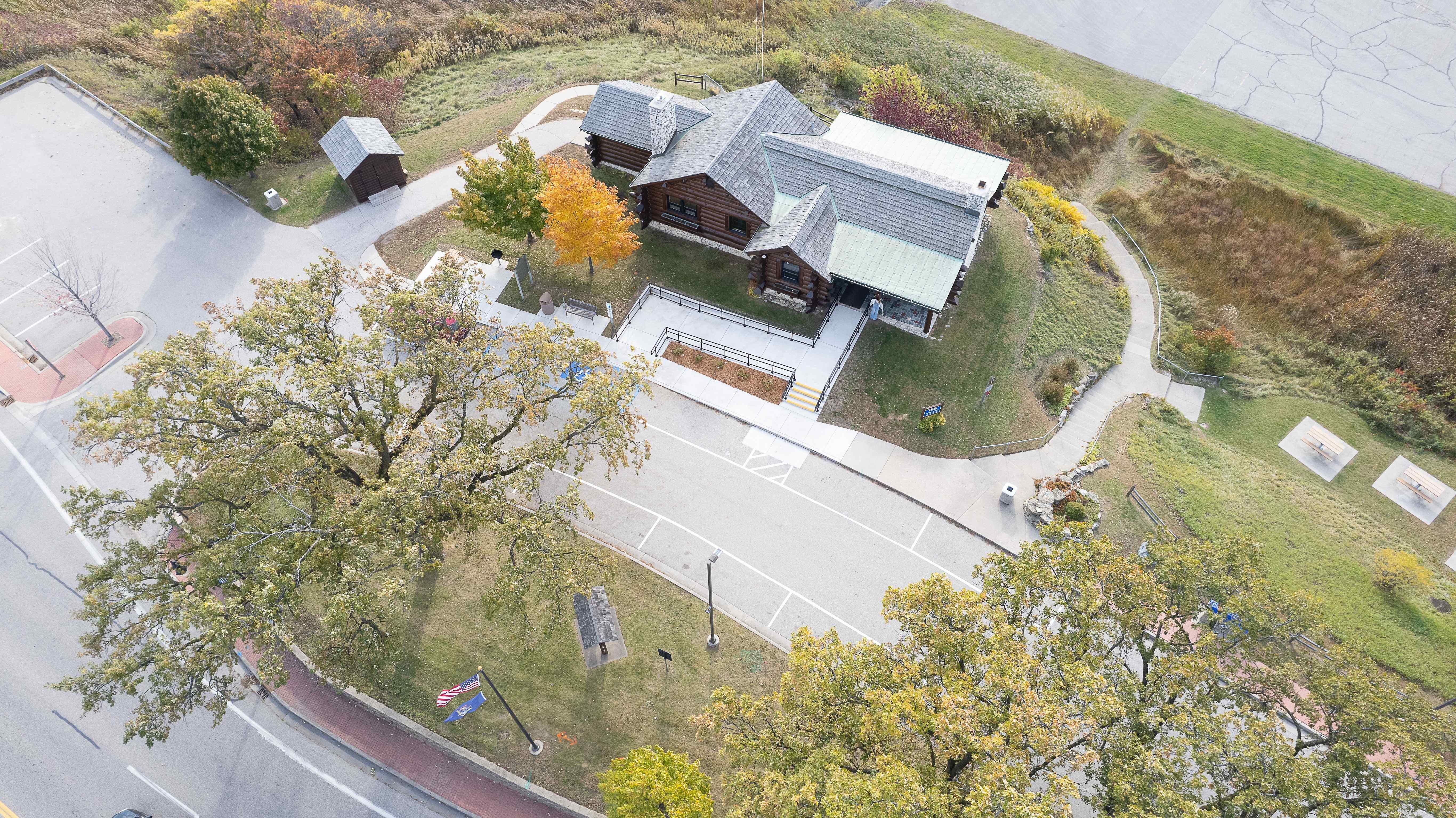 An aerial view of the rebuilt and expanded Menominee Welcome Center.