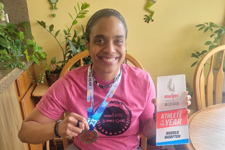Andrea Hampton with her medal for being a 2023 Meijer State Games of Michigan Athlete of the Year.