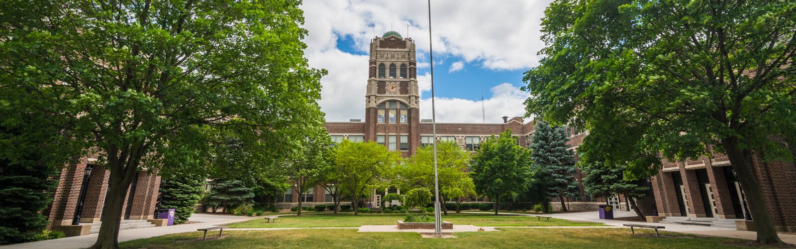 The courtyard and tower at Bay City Central High School are well-known landmarks.