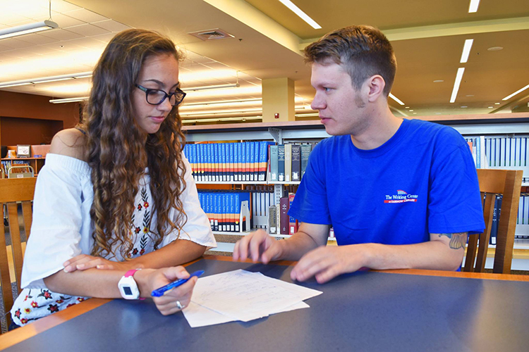 A tutor helping a student at the Writing Center's location inside the Alice and Jack Wirt Library