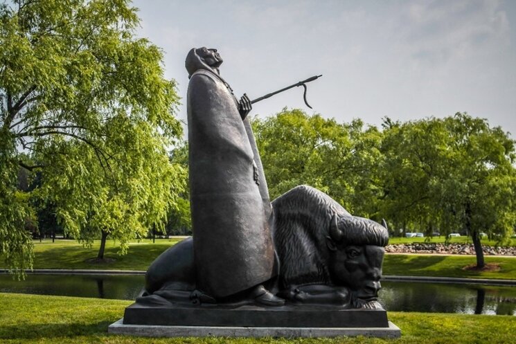 Marshall Fredericks was interested in traditional Lakota beliefs and created a sculpture of 'Black Elk' in 1978. A large-scale version of the statue is located in the a garden next to the museum. (Photo courtesy of the Marshall M. Fredericks Museum.)