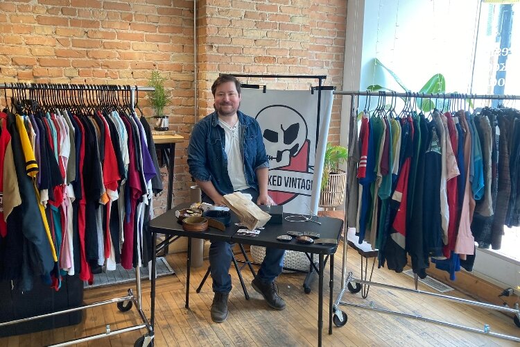 Nick DeyArmond and his wife, Angela Napolitano, opened Bonejacked Vintage Apparel on Columbus Avenue over the summer. They occasionally offer popup shops, such as this at Populace Coffee. (Photo courtesy of Bonejacked Vintage Apparel)