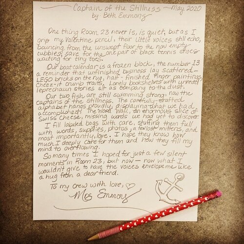 An essay written by kindergarten teacher Beth Emmons describes what she misses. ‘So many times I hoped for just a few silent moments in Room 23, but now – now what I wouldn’t give to have the voices envelope me like a huge from a dear friend.’