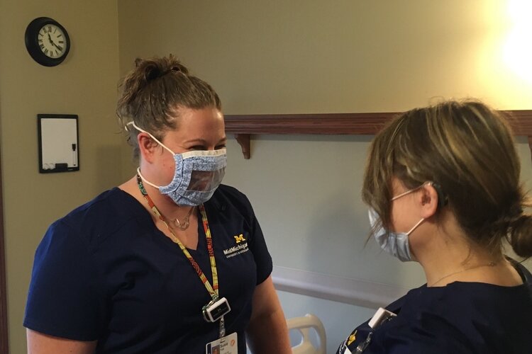 Sarah Bloomfield, a hospice nurse for MidMichigan Home Care at the Woodland Hospice House in Mt. Pleasant, has been making face masks that allow the hearing-impaired to still lip-read.