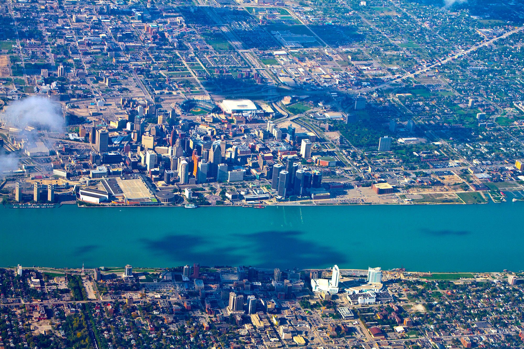 Aerial view Detroit, Michigan with the Detroit River. Sept. 2010.