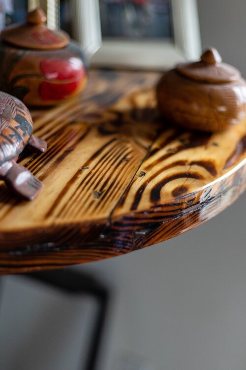 Natural wood grain is the focus on this bar table Johnston created early on in his woodworking journey. 