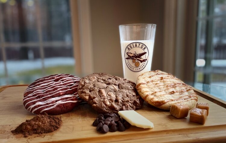 Red Velvet, Double Chocolate, and Salted Caramel cookies are made from scratch and served fresh from Aviator Cookie Company. The bakery opened a location in Bay City late in 2022. (Photo courtersy of Aviator Cookie Company)