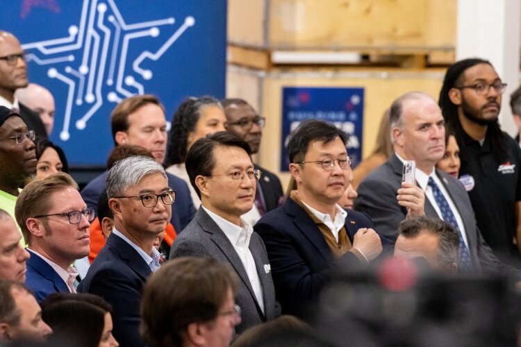 From left, Matthew Gave, CSS External Affairs; Jianwei Dong, CSS CEO; Jeong Joon Yu, Vice Chairman and Head of U.S. Government and Corporate Affairs, SK; Jae-Won Chey, Executive Vice Chairman, SK; and U.S. Rep. Dan Kildee, were at the November event.