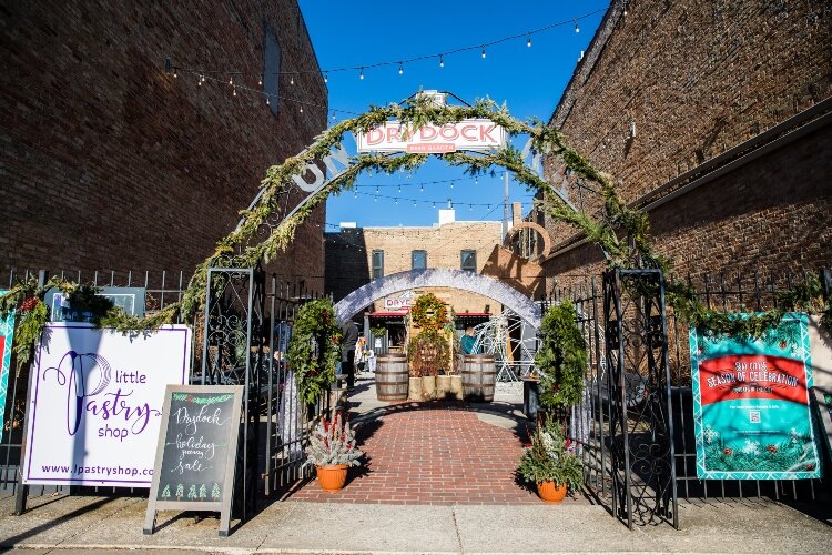 Fresh pine wreaths and garland filled Dry Dock Beer Garden.