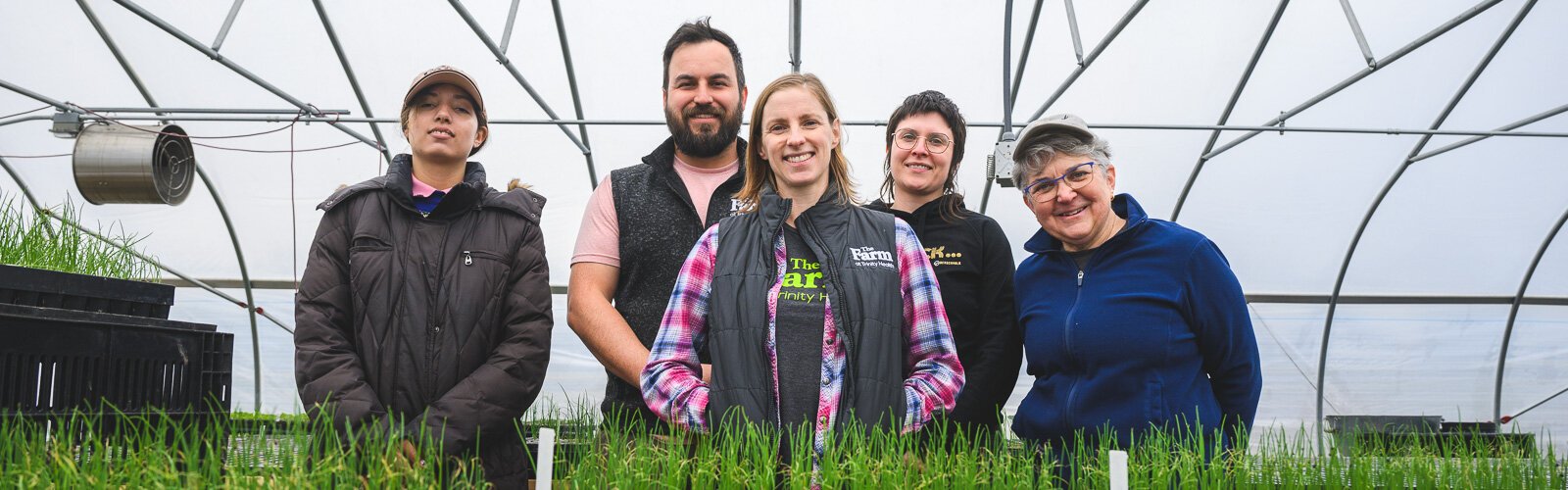 The staff at The Farm at Trinity Health, from left to right: Rose Oliverio, Will Jaquinde, Jae Gerhart, Cat Jardin, and Kay Wilson.