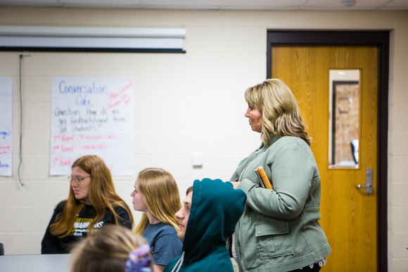 Principal Judy Cox talks to the SPIRIT Council during a recent meeting.