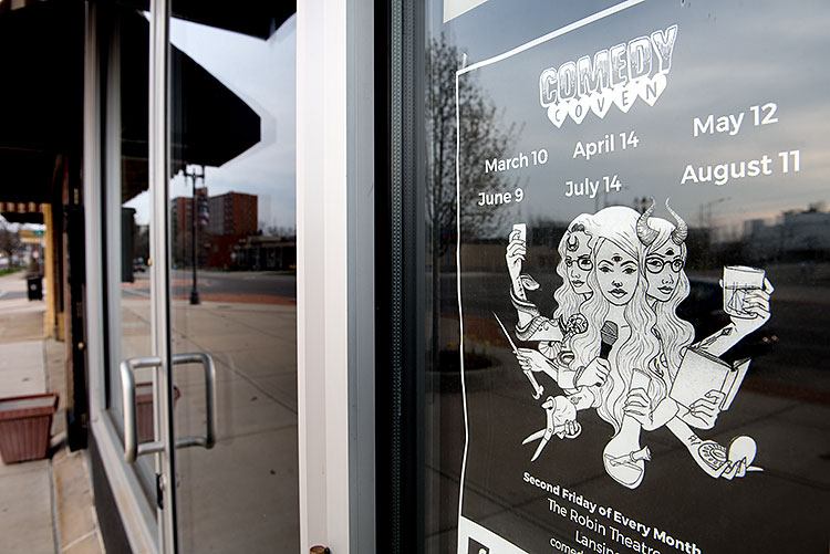 Comedy Coven poster in the Robin Theater's window - Photo Dave Trumpie