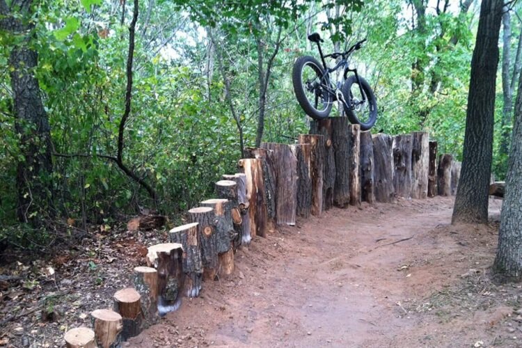 A bike sits atop a row of stumps at DTE Trail.