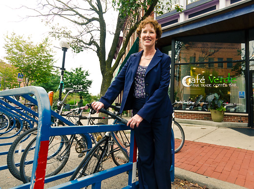 Terri Blackmore at the On-Street Bike Parking Rack at 4th Avenue