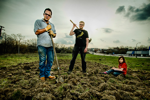 Jeff Clark, Mark Maynard and Mark's daughter Clementine at the Water Street seed bombing site