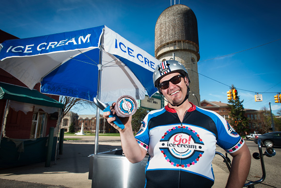 Rob Hess serving up Go! Ice Cream from his 1946 Worksman tricycle